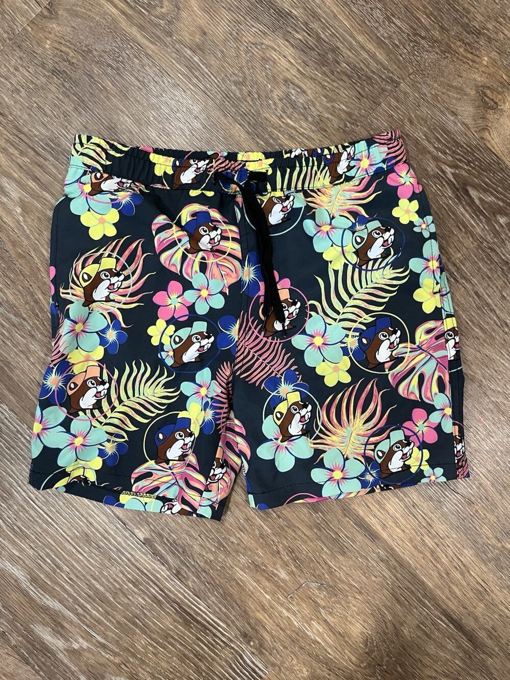 Buc-ee’s Boys Swim Trunks Youth Medium Tropical Beaver Print Board Shorts YM